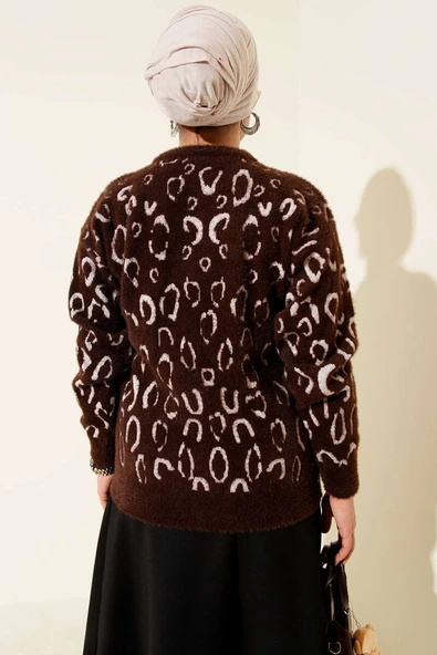 Leopar Desenli Sakallı Kazak Kahve Ekru - Resim 3