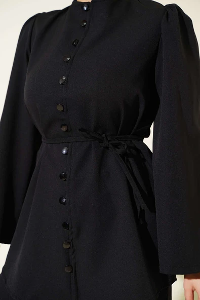 Brit Düğme Detaylı İp Kuşaklı İkili Takım Siyah - Resim 4