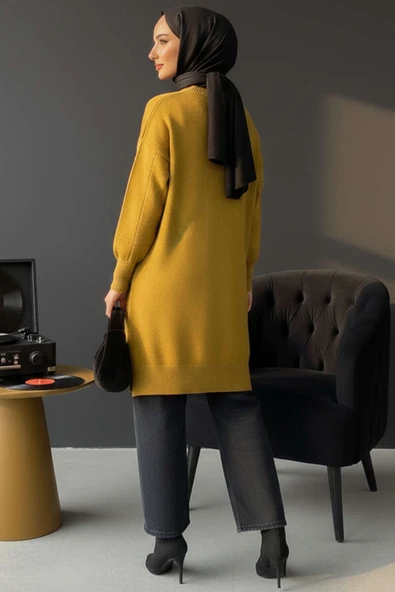 Kare Kabartmalı Yumoş Triko Tunik Yağ Yeşili - Resim 3