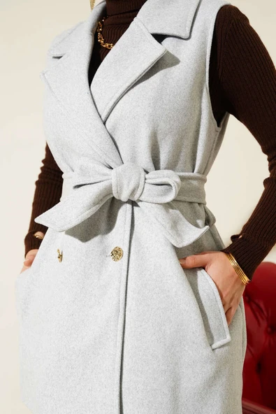 Sıfır Kol Kuşaklı Kaşe Yelek Gri - 4