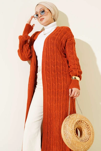 Saç Örgü Uzun Triko Hırka Kiremit - 2