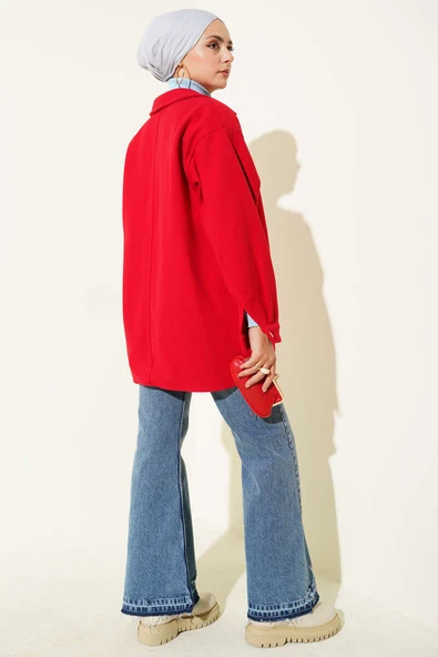 Çıtçıt Düğmeli Gömlek Yaka Kaşe Ceket Kırmızı - 3