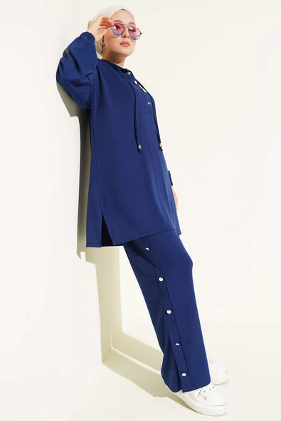 Yanları Metal Düğmeli Kapşonlu İkili Takım Lacivert ürün görseli 1