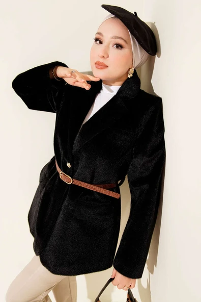 Tek Düğmeli Kemerli Sakallı Ceket Siyah ürün görseli 1