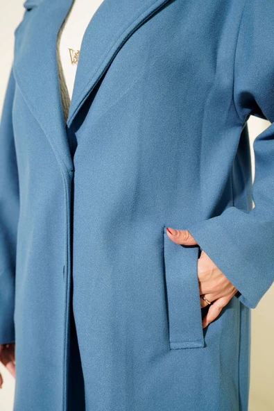 Kruvaze Yaka İki Düğmeli Detaylı Kaşe Kaban Mavi - Resim 4