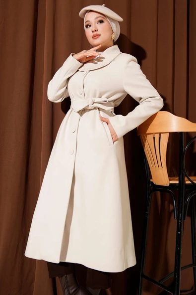 Yaka Düğmeli Kuşaklı Kaşe Kaban Taş ürün görseli 1