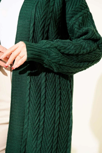 Örgü Büzgülü Uzun Triko Hırka Zümrüt Yeşili - Resim 4