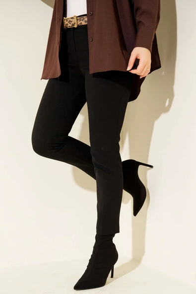 Yüksek Bel Kemerli Siyah Pantolon - Resim 1