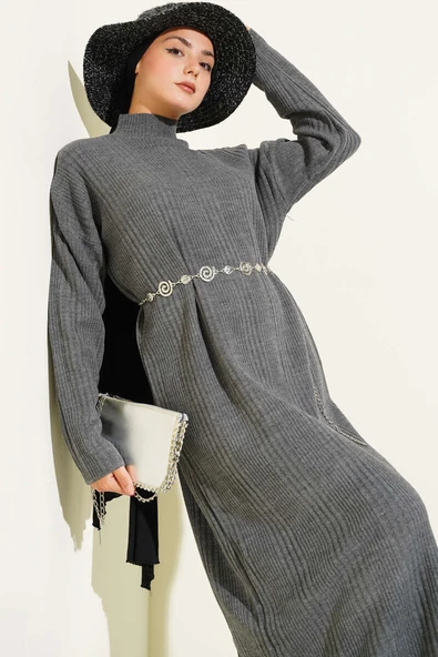 Dik Yaka Fitilli Triko Elbise Füme ürün görseli 1