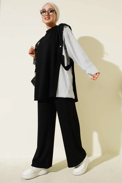 Çizgi Garnili Bisiklet Yaka Loyşa İkili Takım Siyah - Resim 2