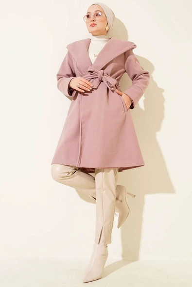Kapüşonlu Kuşak Detaylı Kaşe Kaban Pudra - Resim 2