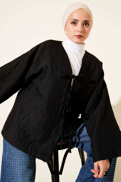 Kapitone Bağlamalı Kimono Siyah ürün görseli 1