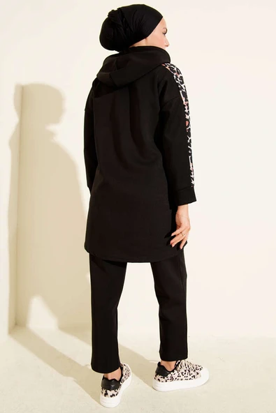 Leopar Garnili Kapşonlu İkili Takım Siyah - Resim 3