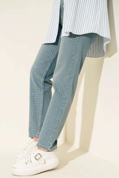 Mini Taşlı Kot Pantolon Açık Tint - Resim 2