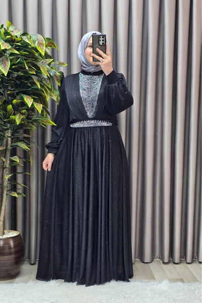 Kadın Tesettür Giyim Büyük Beden Simli Kübra Abiye - Resim 2