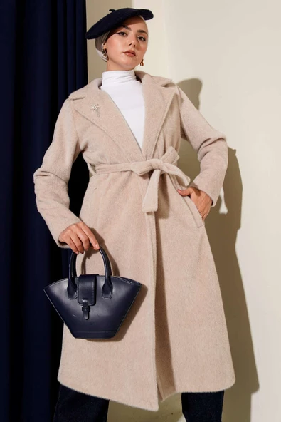 Kuşaklı Bronş Detaylı Kaşe Kaban Bej ürün görseli 1