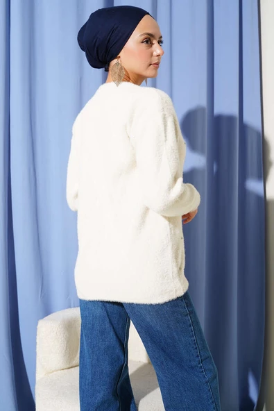 Serpme Taşlı Çizgili Sakallı Kazak Ekru - Resim 3