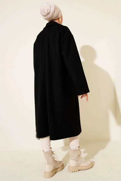 Kruvaze Yaka İki Düğmeli Detaylı Kaşe Kaban Siyah - 3