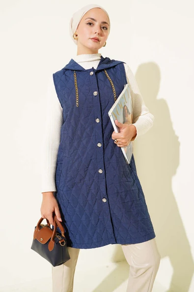 Kapuşonlu Kapitone Kısa Yelek Lacivert ürün görseli