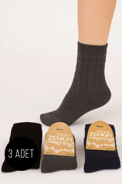 Kadın 3lü Kare Desen Havlu Patik Çorap Asorti 1 ürün görseli
