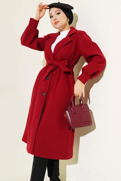 Balon Kollu Uzun Model Kırmızı Kaşe Kaban - Resim 2