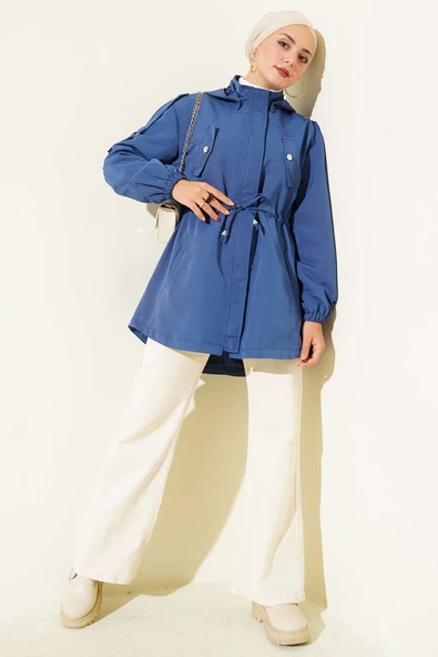 Bel Tünelli Kapüşonlu Trençkot İndigo - Resim 2