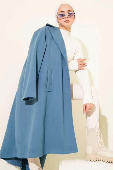 Kruvaze Yaka İki Düğmeli Detaylı Kaşe Kaban Mavi ürün görseli 1