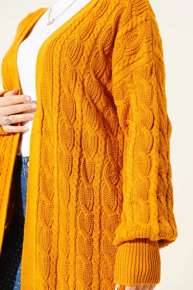 Saç Örgü Uzun Triko Hırka Hardal - Resim 4