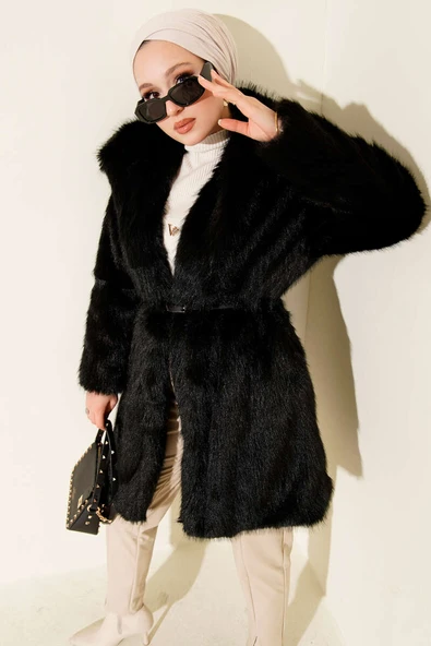Geniş Yaka Kürklü Uzun Mont Siyah ürün görseli 1