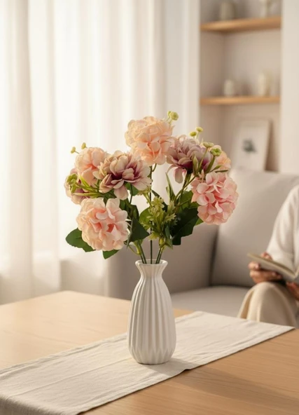 Yapay Çiçek Kartopu Krizantem Pudra Pembe 5Dallı 10toplu Demet 30cm - Resim 6