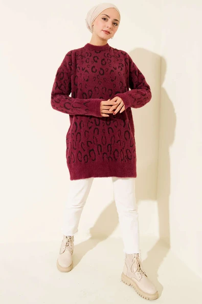 Leopar Desenli Sakallı Tunik Magenta - Resim 2