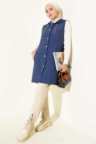 Kapuşonlu Kapitone Kısa Yelek Lacivert - Resim 2