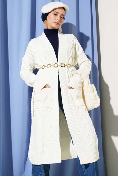 Cepli Örgü Desenli Uzun Hırka Ekru ürün görseli 1