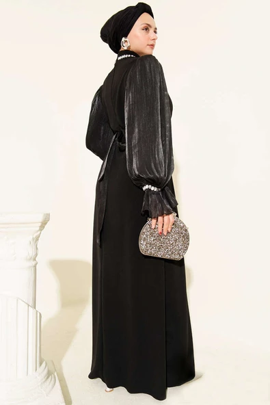 Yaka İnci Detaylı Kuşaklı Abiye Elbise Siyah - Resim 3