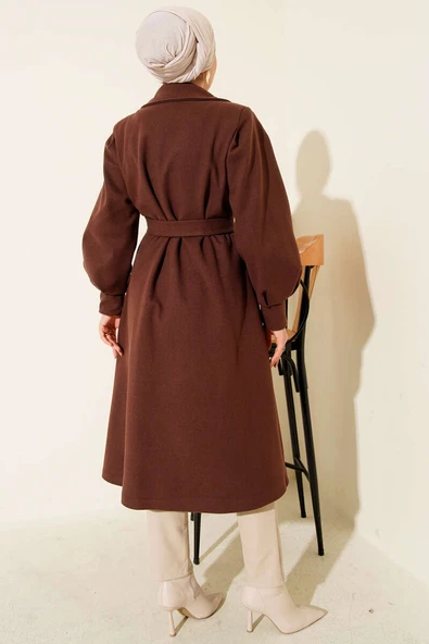 Balon Kollu Uzun Model Kestane Kaşe Kaban - 3