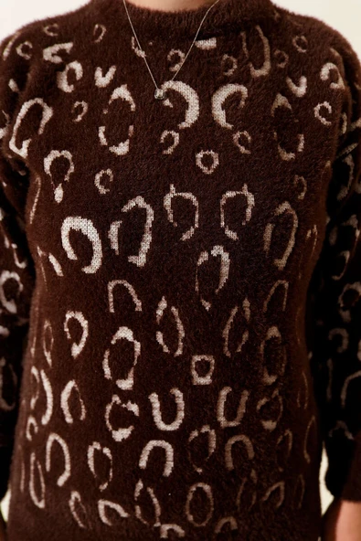 Leopar Desenli Sakallı Kazak Kahve Ekru - Resim 4