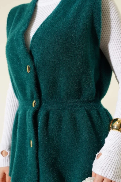 Bel Lastikli Sakallı Triko Yelek Zümrüt - Resim 4