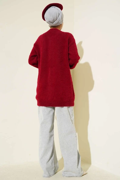 Gold Düğmeli Peluş Hırka Bordo - Resim 3