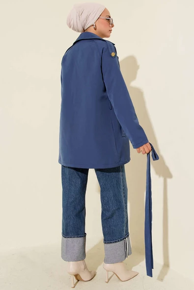 Tek Omuz Apoletli Düğmeli Trençkot İndigo - Resim 3