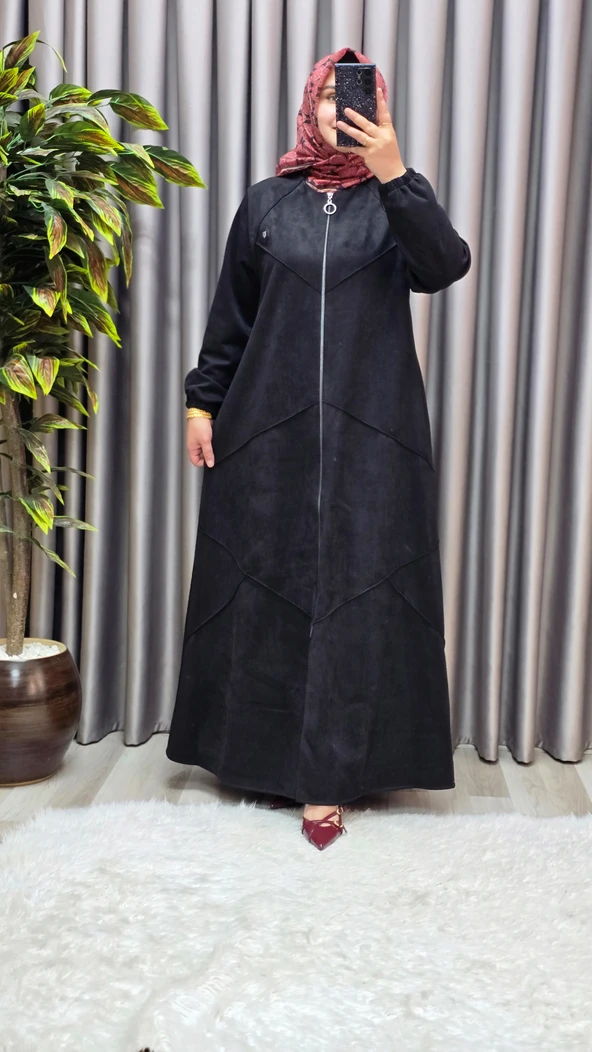 Kadın Giyim Büyük Beden Tam Boy Baklava Desenli Uzun Süet Pardesü - Resim 5