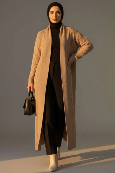 Şal Yaka Örgü Desenli Uzun Triko Hırka Latte - Resim 2