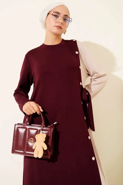 Düğmeli Yandan Bağlamalı Bisiklet Yaka Elbise Bordo - Resim 2
