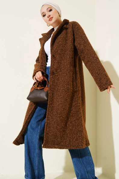 Kruvaze Yaka Düğme Detaylı Kaşe Kaban Taba - Resim 2