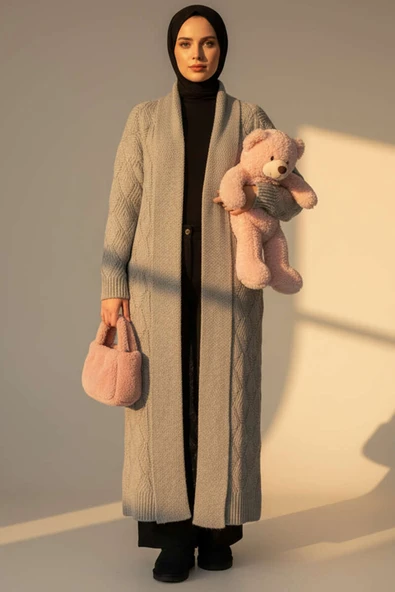 Şal Yaka Örgü Desenli Uzun Triko Hırka Gri ürün görseli 1