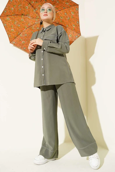 Gömlek Yaka Tek Cepli İkili Takım Haki - Resim 2