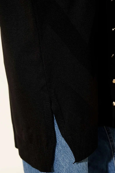 Zigzag Desenli Düğmeli Merserize Hırka Siyah - Resim 4