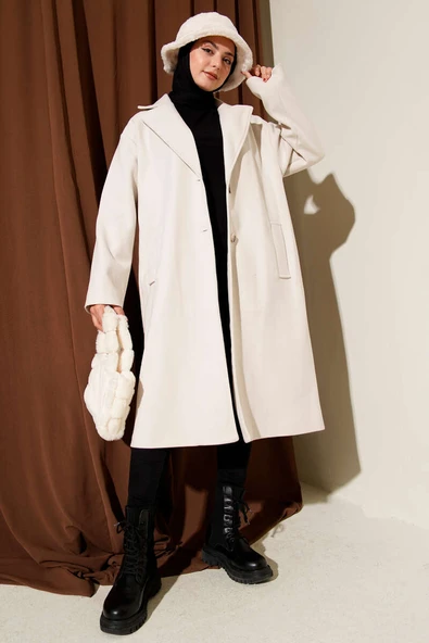 Kruvaze Yaka İki Düğmeli Detaylı Kaşe Kaban Taş - Resim 2