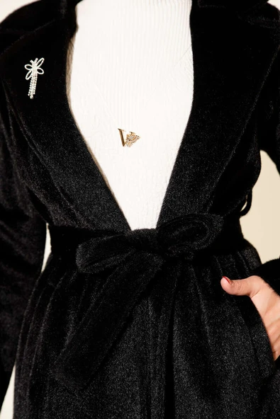 Kuşaklı Bronş Detaylı Kaşe Kaban Siyah - 4