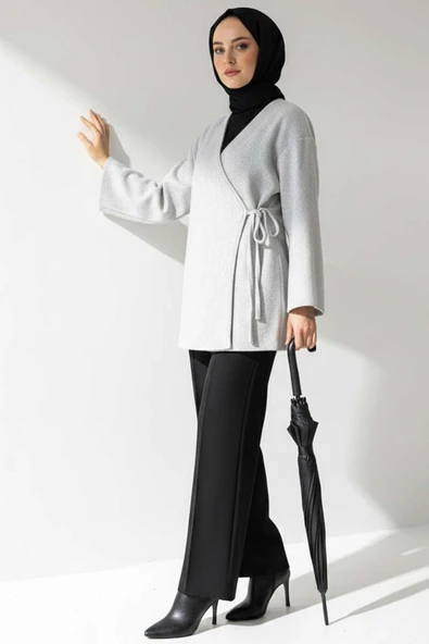 Yan Bağlamalı Kaşe Ceket Gri - 2