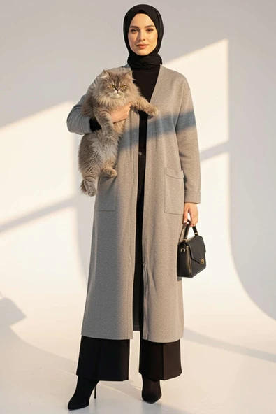 Basic Çift Cepli Uzun Triko Hırka Gri ürün görseli 1